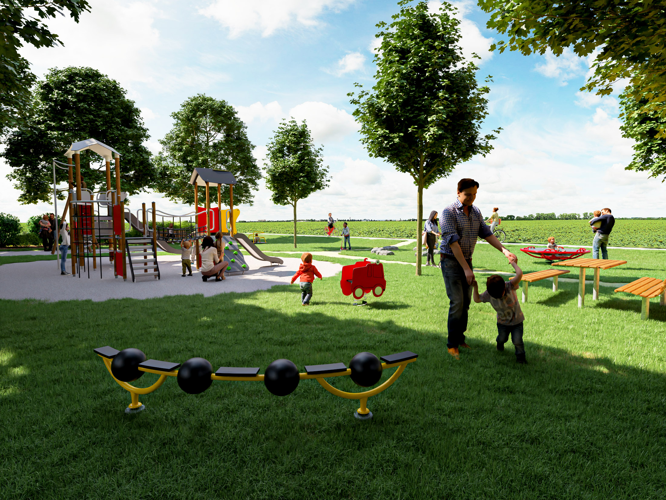 Render image of a playground design, featuring lots of play units and small and large play towers connected by a bridge.